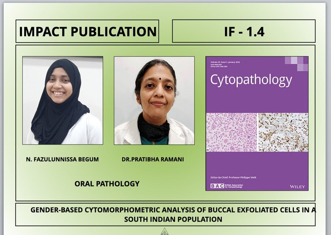 Our Post Graduate Student Dr. N. Fazulunnissa Begum and Our Professor and Head, Dr. Pratibha Ramani has published this Article on Gender-based cytomorphometric analysis of buccal exfoliated cells in a South Indian population