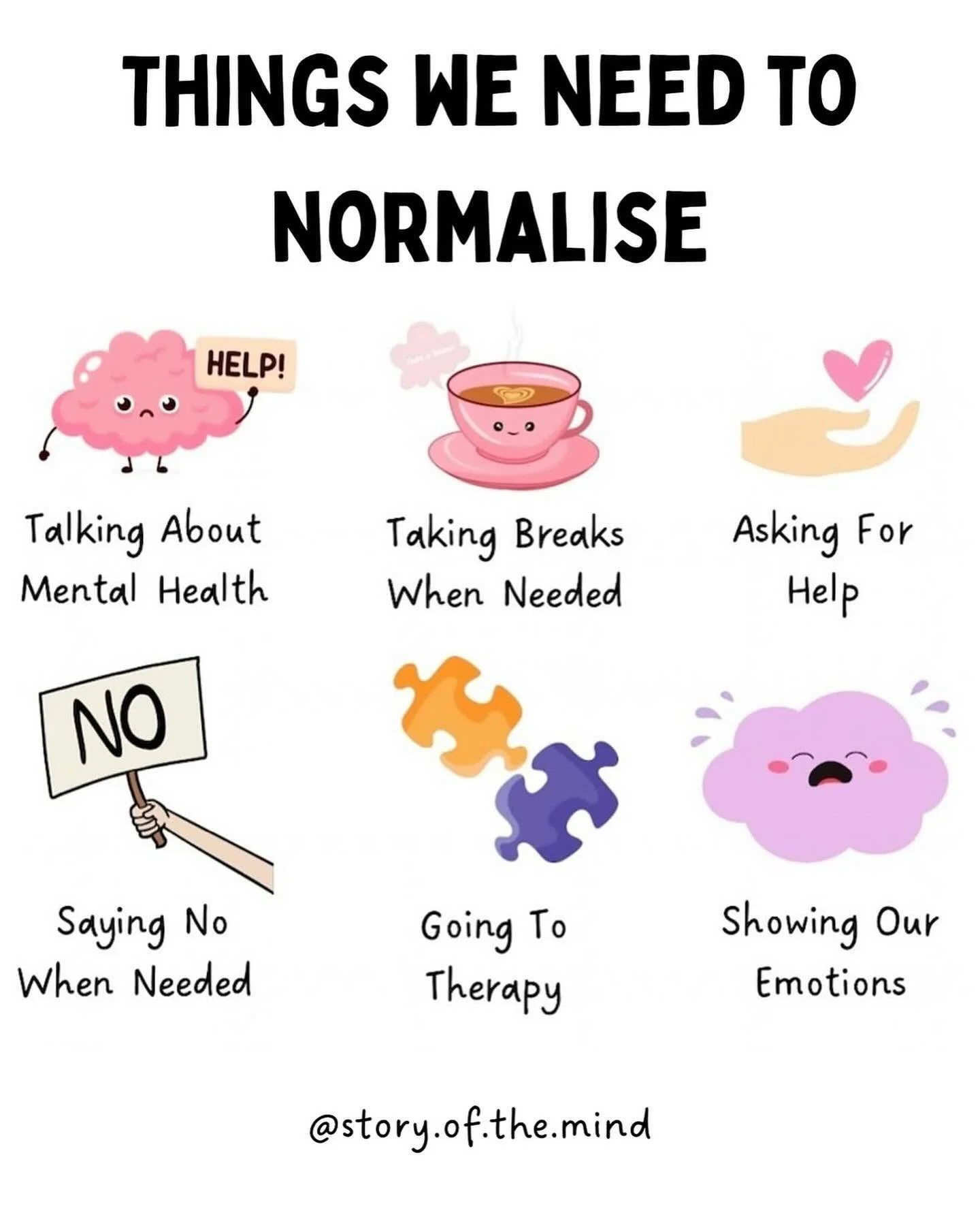 Things we need to normalise 🥰
- Talking about Mental Health
- Taking breaks when needed
- Asking for help
- Saying No when needed
- Going to therapy
- Showing our emotions

#silverlinings&nbsp;#hope&nbsp;#reminders&nbsp;#meaningfulconnections&nbsp;#