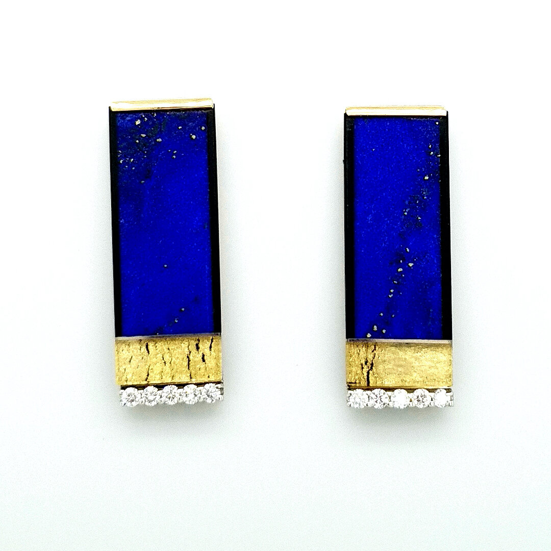 Lapis, Gold Leaf and Diamond Earrings by LeRoy Jewelers