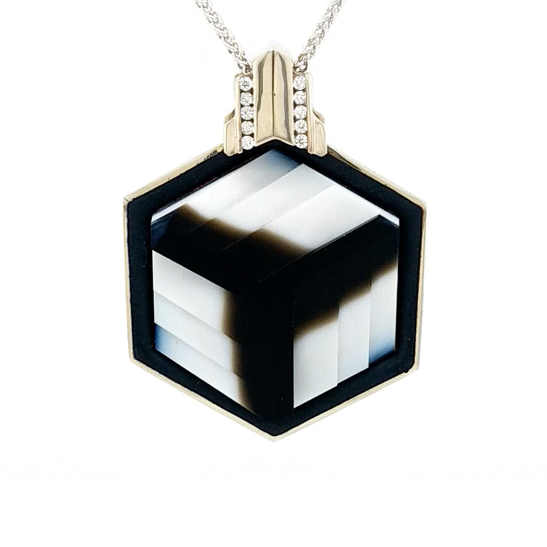 14K Trompe l'oiel Onyx and Diamond Pendant by LeRoy Jewelers