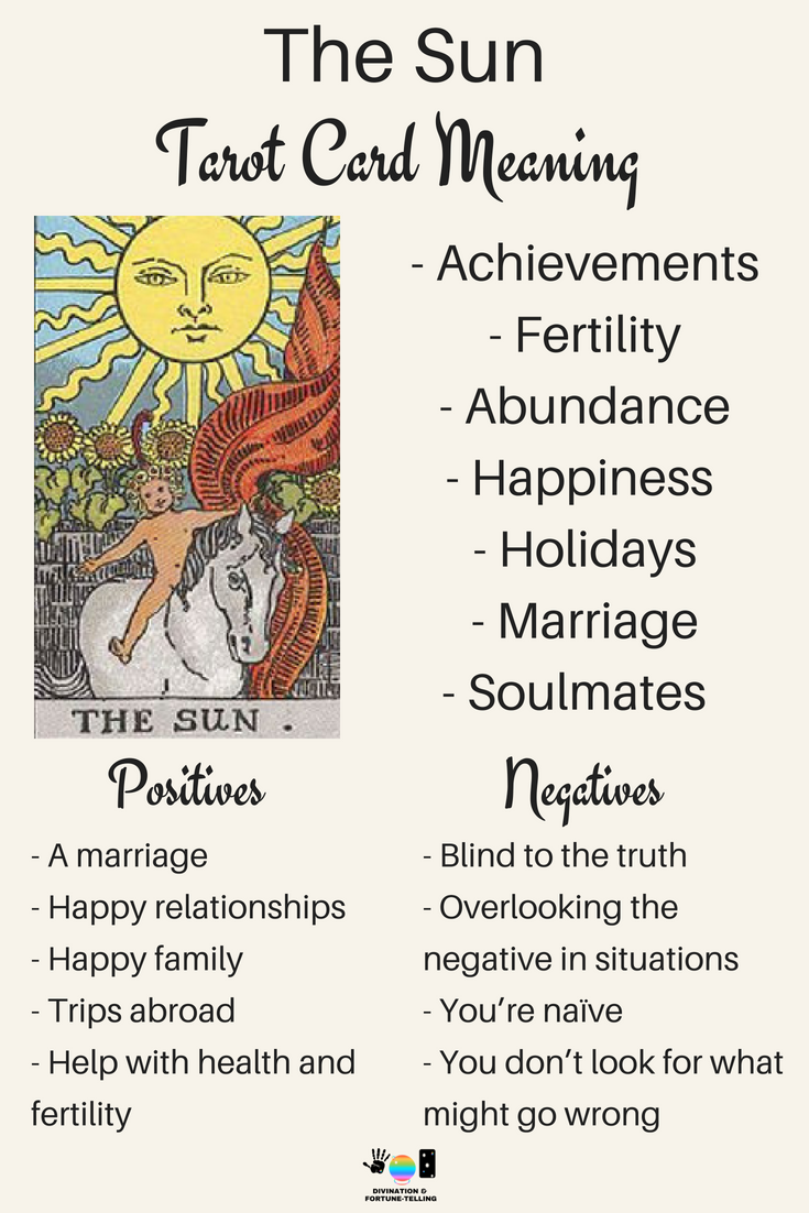 The Sun Tarot card meaning. An illustration from the Major Arcana with the Rider Waite Tarot deck. Post by divination and fortune-telling with Tarot for love, romance and relationships. Ideal for readers who are just learning the interpretations.