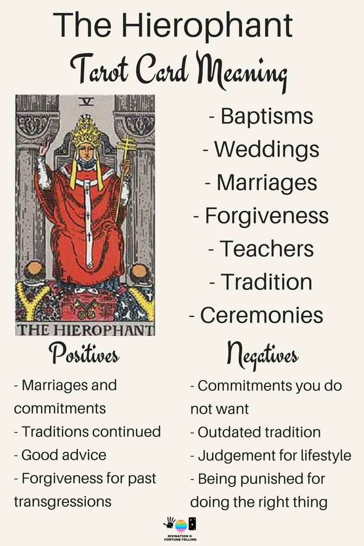 The Hierophant Tarot card meaning. An illustration from the Major Arcana with the Rider Waite Tarot deck. Post by divination and fortune-telling with Tarot for love, romance and relationships. Ideal for readers who are just learning the interpretations.