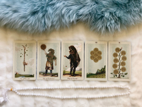 Ace of Wands. Page of Pentacles, King Swords, 7 of Pentacles and 9 of Pentacles