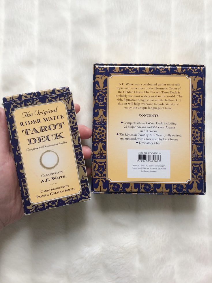 The Rider Waite Smith Tarot card deck. Here is one of the box designs. Some boxes will have The Rider Waite Magician or Fool on them. However, if in doubt buy the blue and gold pack!
