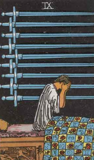 Nine of Swords Tarot card meaning for love, romance and relationships. .png