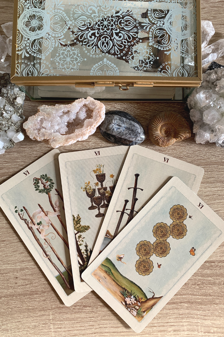 The meaning of getting multiple or lots of sixes in a Tarot card reading spread. Here is the interpretation for love and work readings..png