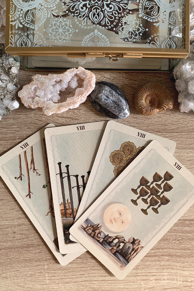 The meaning of getting multiple or lots of eights in a Tarot card reading spread. Here is the interpretation for 8 love and work readings..png