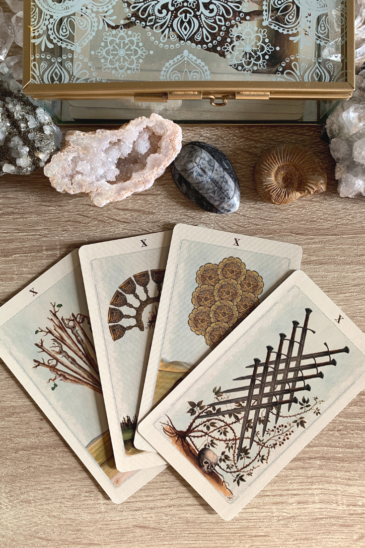 The meaning of getting multiple or lots of tens in a Tarot card reading spread. Here is the interpretation for 10 love and work readings..png