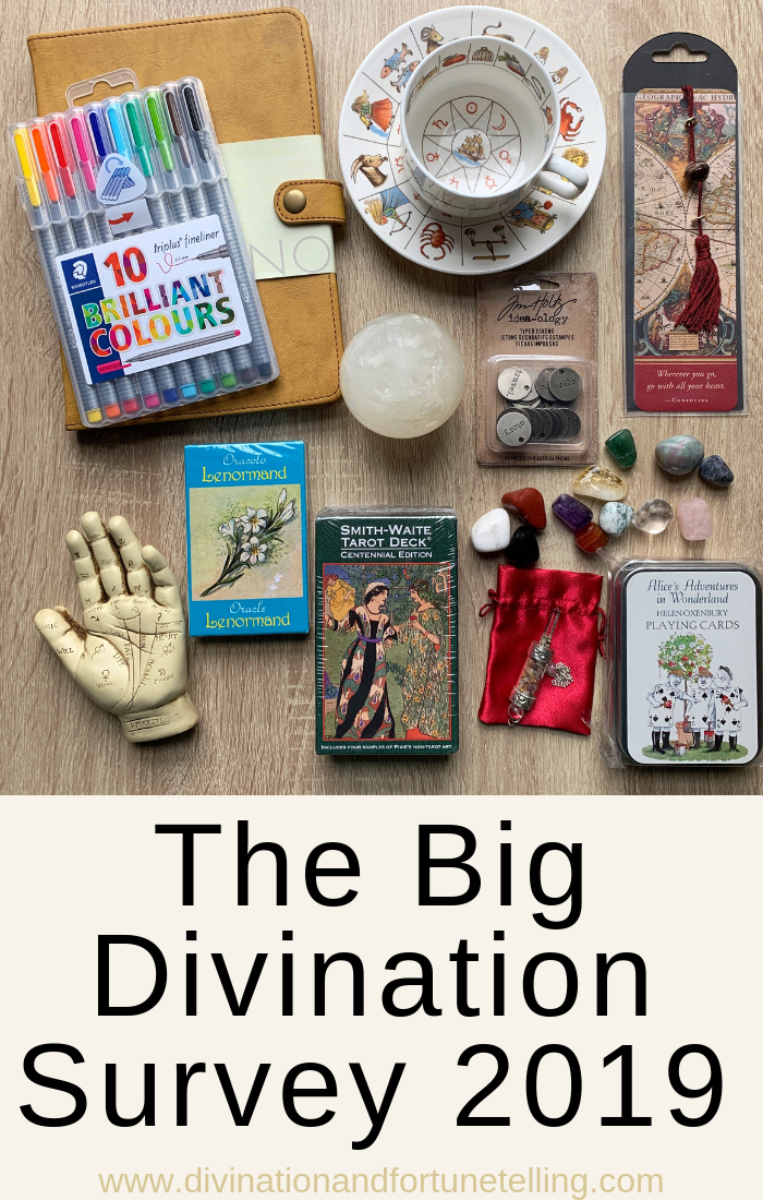 Art Illustration: Art Illustration: The Big divination survey of fortune tellers who read astrology, Tarot, lenormand, cartomancy, dowsing, crystal ball, scrying, lithomancy, palmistry, tea cup reading, and tassomancy.