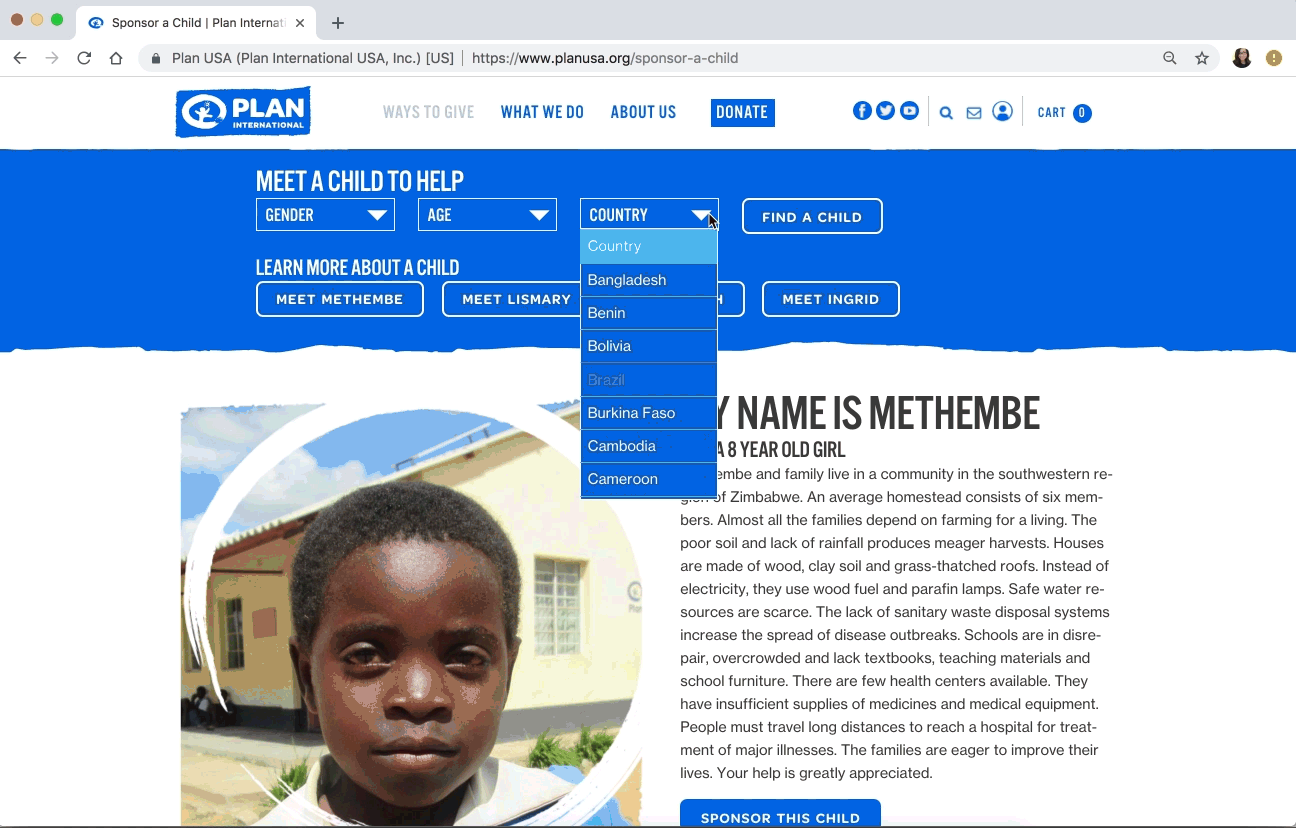 Sponsor a Child page: "Meet a Child" feature