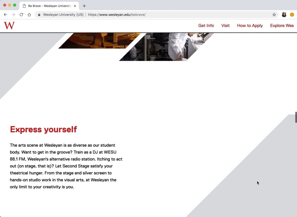 Admissions microsite: Arts section