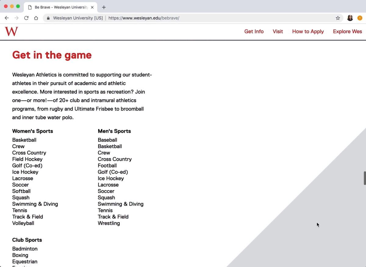 Admissions microsite: Athletics section