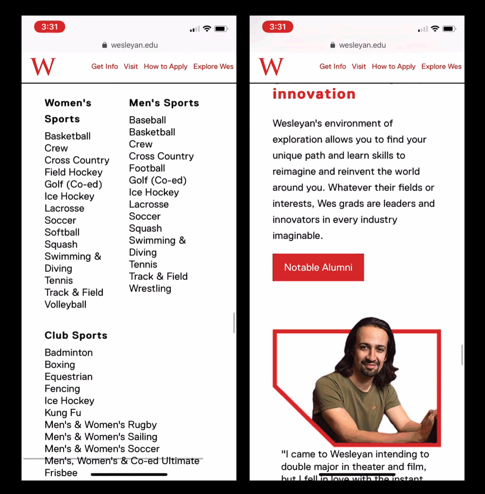 Mobile views of athletics and alumni sections