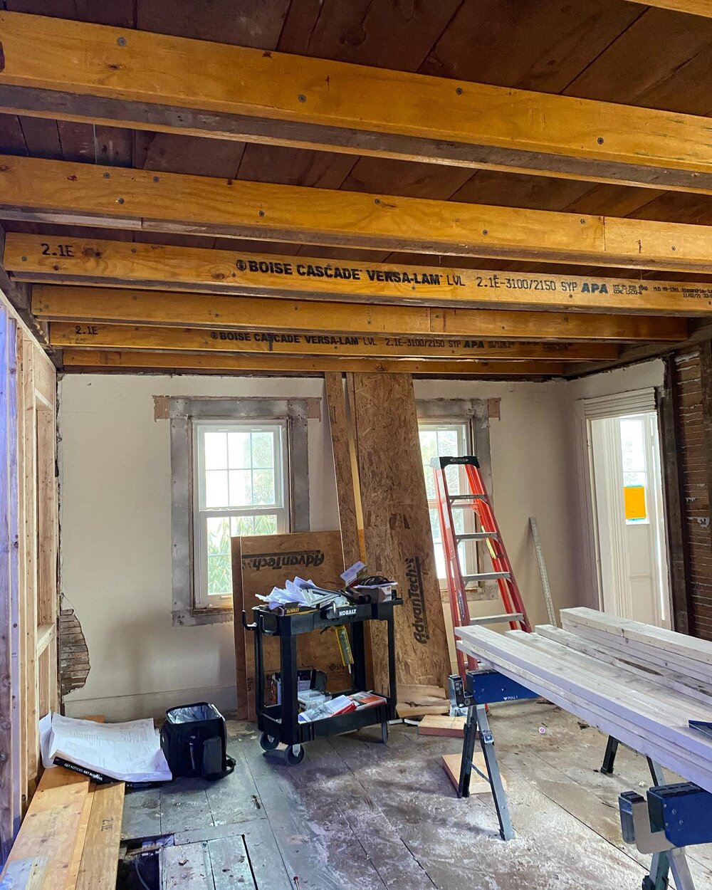 Once we got into the ceilings and walls, it became evident that this sweet little cape needed a lot more TLC than originally expected.  We&rsquo;re reinforcing that original plank and beam so the boys who&rsquo;ll move back in upstairs can jump to th