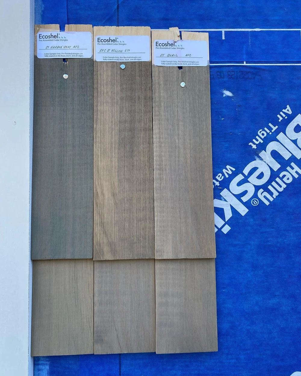 Loving these samples from @ecoshel shingles.  Built-in rainscreen and capillary break between shingle layers ✔️means our clients can look forward to a long life for these beauties and the wall behind them 
#changeyourhaabitts #sustainabledesign #ceda