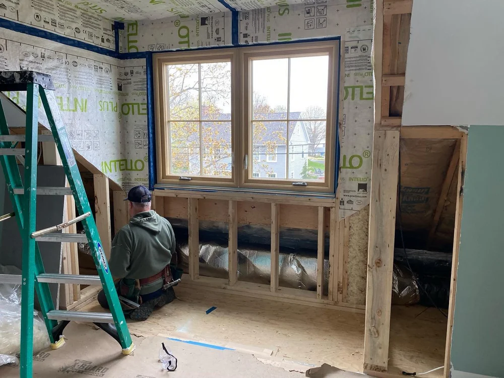 Weathered in and almost ready for interior finishes.  Havelock Wool Insulation + Intello Plus is a great insurance policy against air infiltration and moisture damage.  Here, we&rsquo;re managing a retrofit with a tricky detail at the knee wall #chan