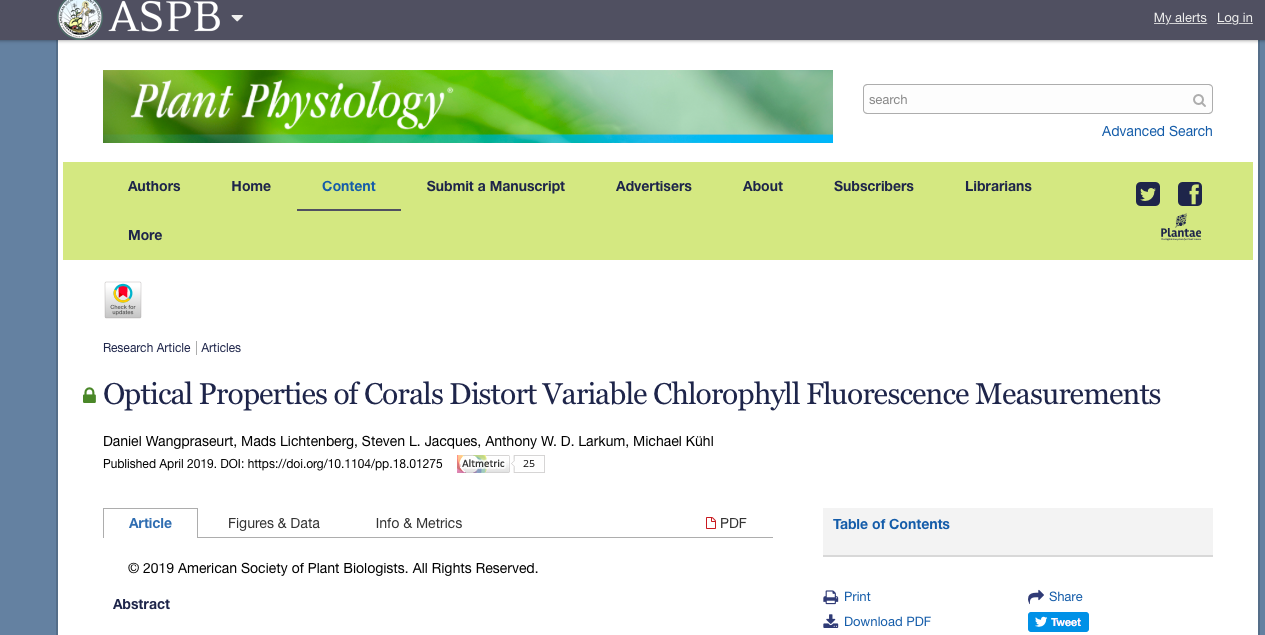 NEW PAPER IN PLANT PHYSIOLOGY JANUARY 28, 2019: !BEWARE PAM USERS! !BEWARE PAM USERS! !BEWARE PAM USERS! !BEWARE PAM USERS! ABSTRACT: Pulse-amplitude–modulated (PAM) fluorimetry is widely used in photobiological studies of corals, as it rapidly provides numerous photosynthetic parameters to assess coral ecophysiology. Coral optics studies have revealed the presence of light gradients in corals, which are strongly affected by light scattering in coral tissue and skeleton. We investigated whether coral optics affects variable chlorophyll (Chl) fluorescence measurements and derived photosynthetic parameters by developing planar hydrogel slabs with immobilized microalgae and with bulk optical properties similar to those of different types of corals. Our results show that PAM-based measurements of photosynthetic parameters differed substantially between hydrogels with different degrees of light scattering but identical microalgal density, yielding deviations in apparent maximal electron transport rates by a factor of 2. Furthermore, system settings such as the measuring light intensity affected F 0, Fm , and Fv / Fm in hydrogels with identical light absorption but different degrees of light scattering. Likewise, differences in microalgal density affected variable Chl fluorescence parameters, where higher algal densities led to greater Fv / Fm values and relative electron transport rates. These results have important implications for the use of variable Chl fluorimetry in ecophysiological studies of coral stress and photosynthesis, as well as other optically dense systems such as plant tissue and biofilms.