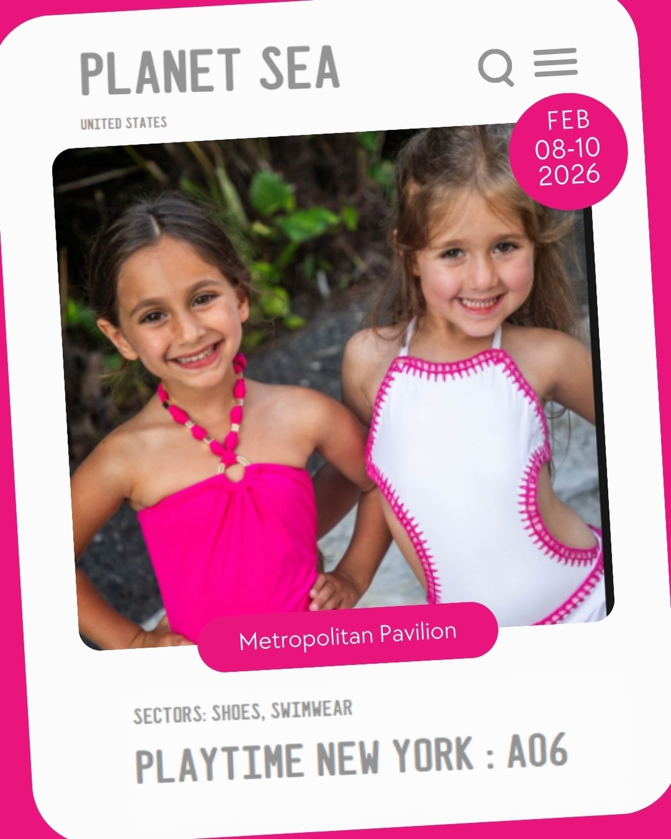 We&rsquo;re heading to Playtime New York ✨

Discover Planet Sea&rsquo;s swimwear collection &mdash; where comfort, design, and childhood joy meet.

📍 Metropolitan Pavilion
🗓 Feb 8&ndash;10, 2026
Booth A06

#iloveplaytime #planetseakids