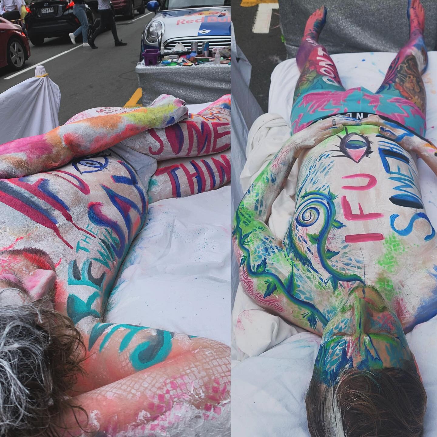 Happy international Woman&rsquo;s Weekend
This live art piece turns the tables of women&rsquo;s vulnerability in urban spaces
I live body painted 3 male models messages on how to be an ally to women when they are walking home for&nbsp;#parkingday
E.g