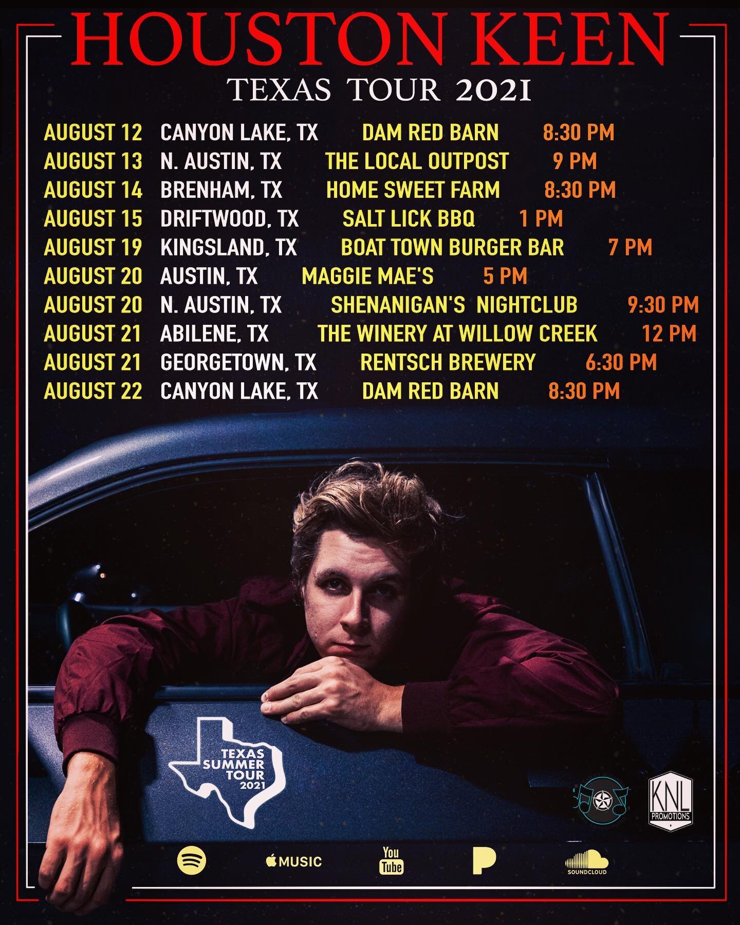 TEXAS TOUR 2021 🌵
__
*LINK IN BIO*
__
August 12:
Canyon Lake, TX
@thedamredbarn 
8:30 PM
__
August 13: 
N. Austin, TX
@localoutpost 
9 PM
__
August 14:
Brenham, TX
@hsfbiergarten 
8:30 PM
__
August 15:
Driftwood, TX
@saltlickbbq 
1 PN
__
August 19:
