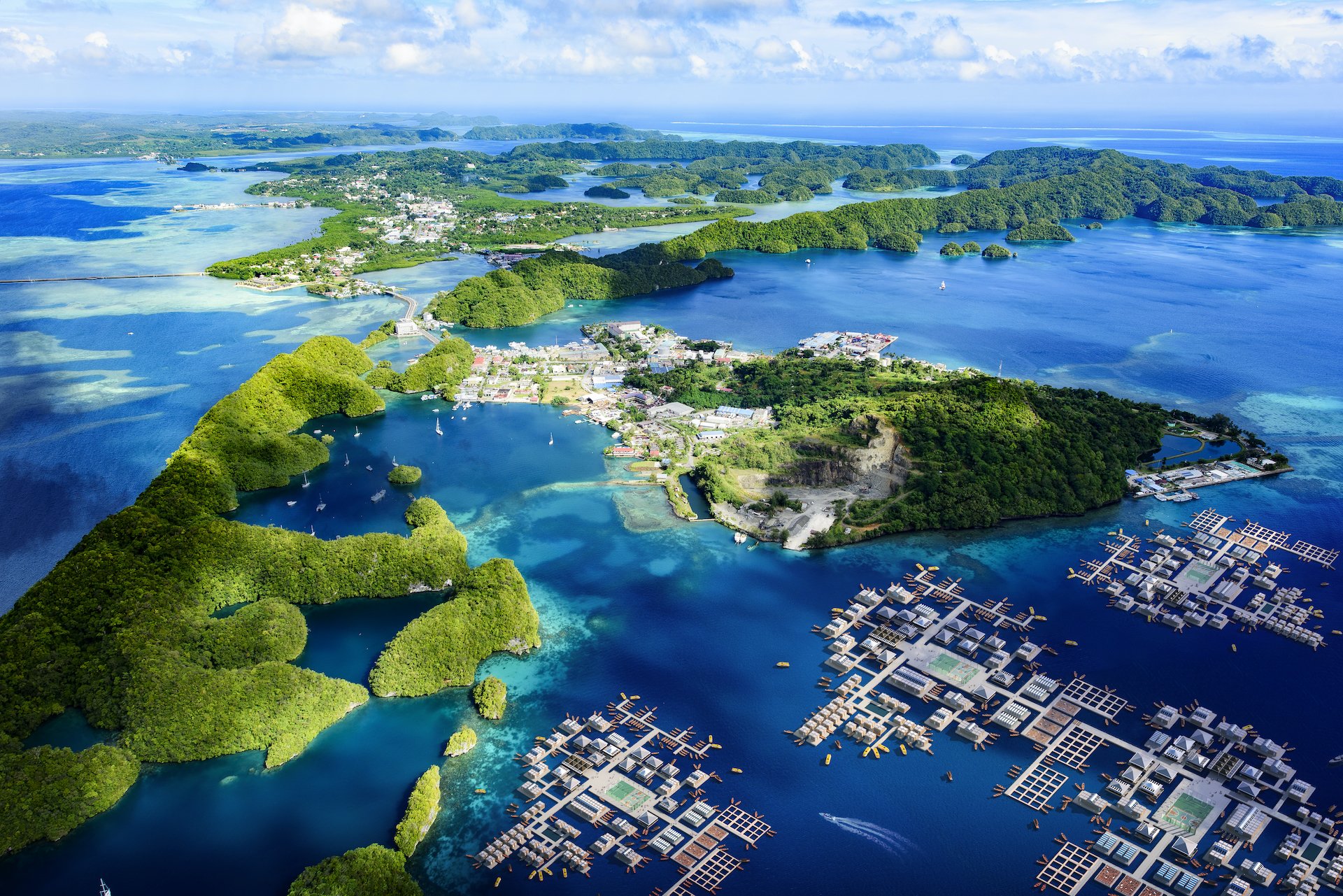 LifeArk Floating Community Superimposed on Malakai Island and Koror