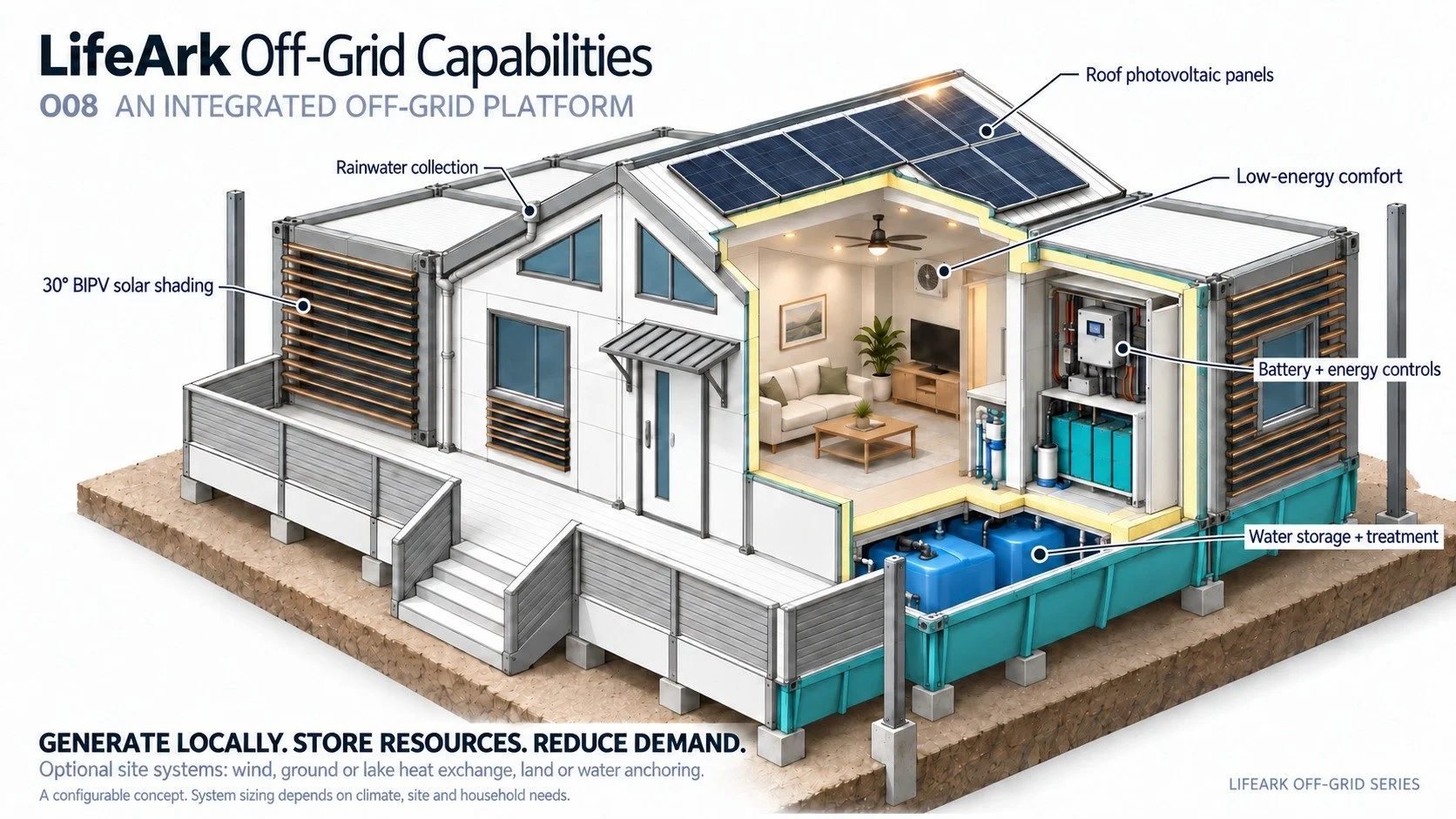  Off-grid capability at the single-home scale: solar facade and roof, battery storage, rainwater collection and treatment, energy-efficient systems, land and water anchoring. 