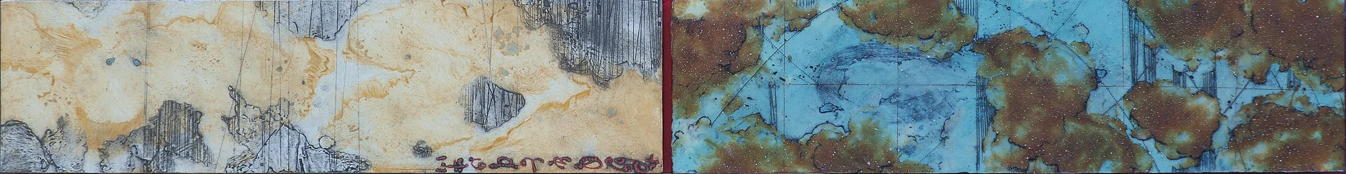 Opposing Cartography 9, 2015 encaustic monotype, and oil on panel. 8 x 44.5 inches. SOLD