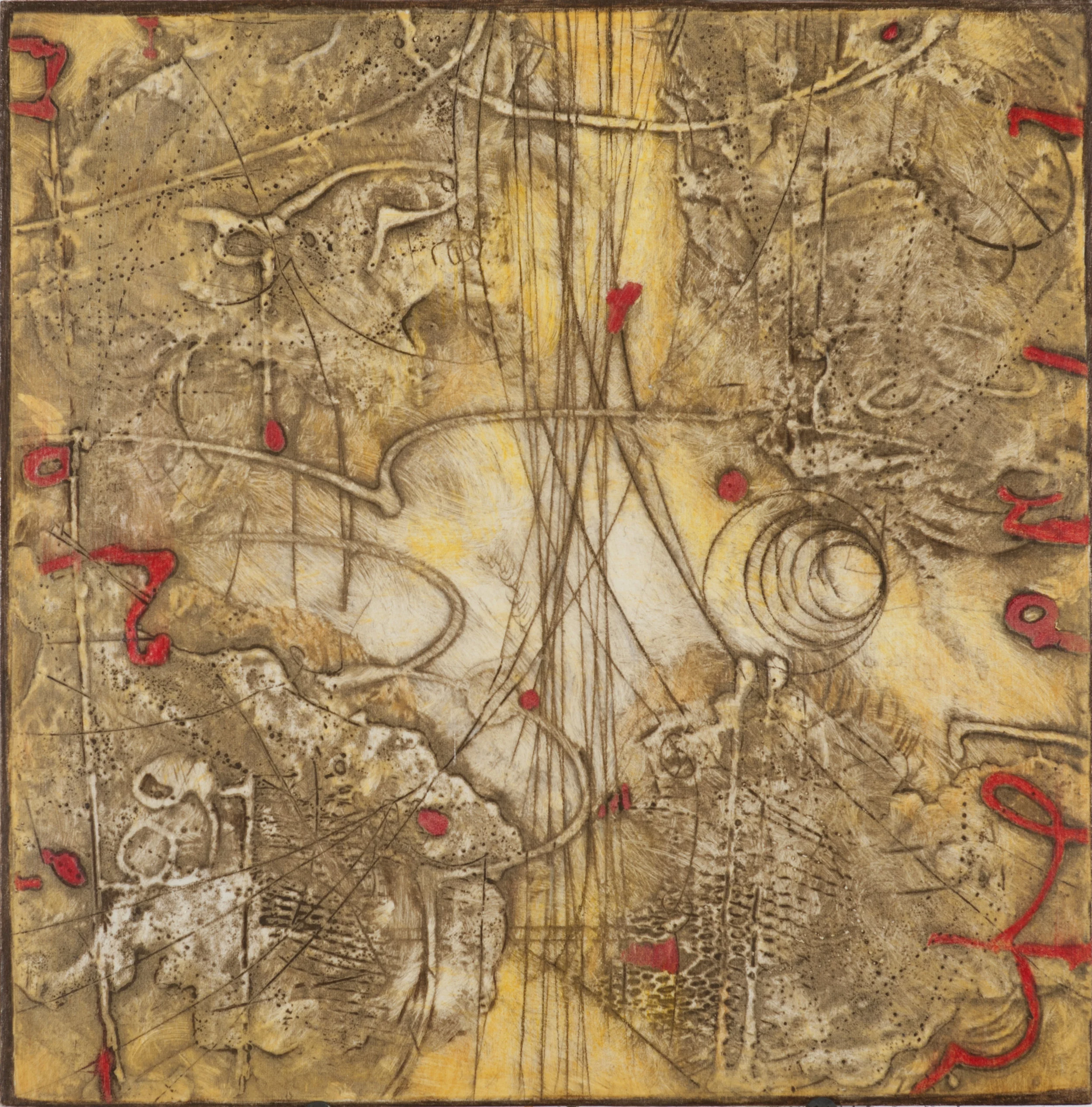 Sigma Self-Energy 3 , encaustic collagraph monoprint, Cretacolor and medium mounted on panel 10 x 10 inches, Available at Gremillion & Co. Fine Art , Houston