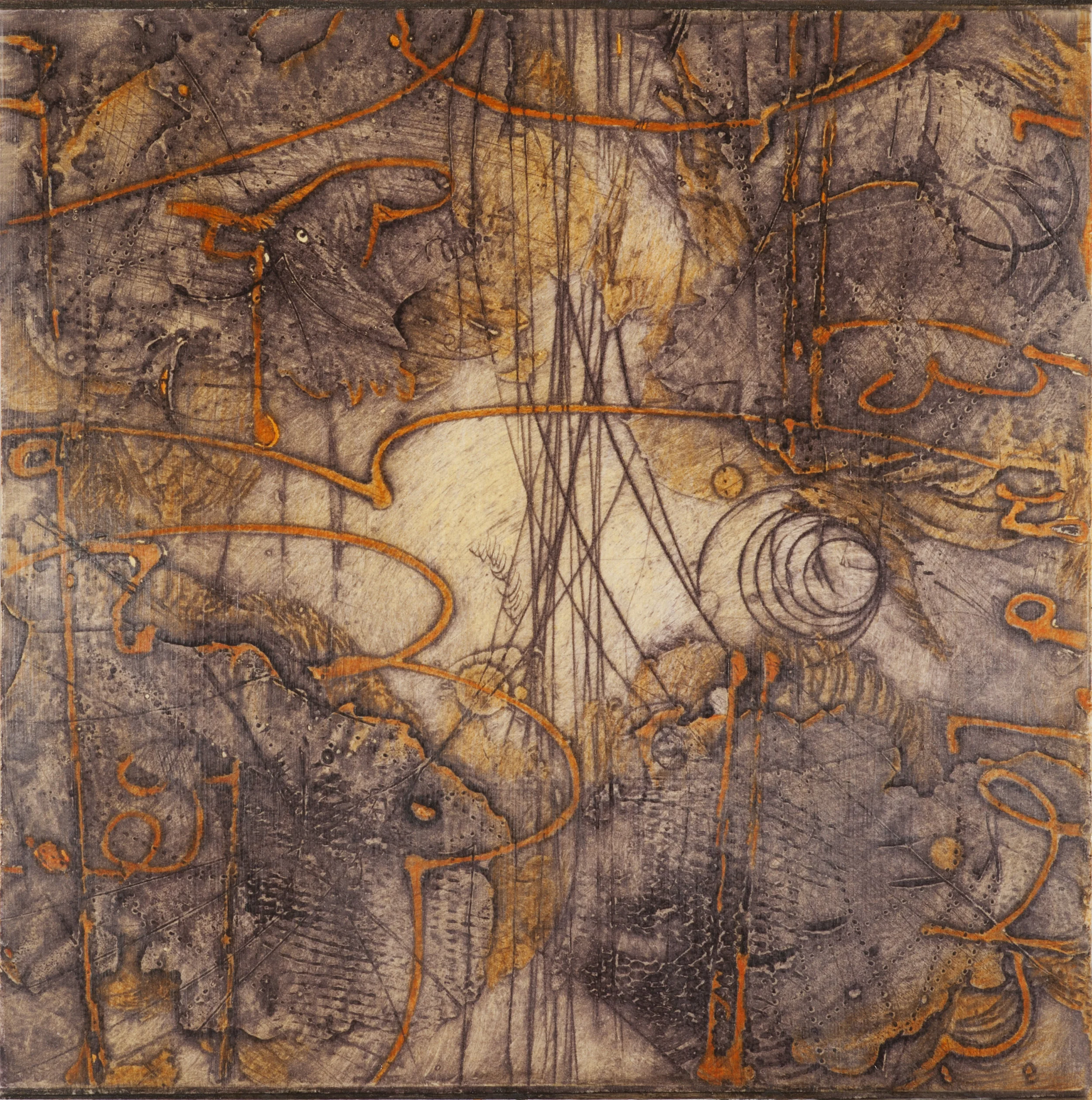 Sigma Self-Energy 9 , encaustic collagraph monoprint, Cretacolor and medium mounted on panel 10 x 10 inches, Available at Gremillion & Co. Fine Art , Houston