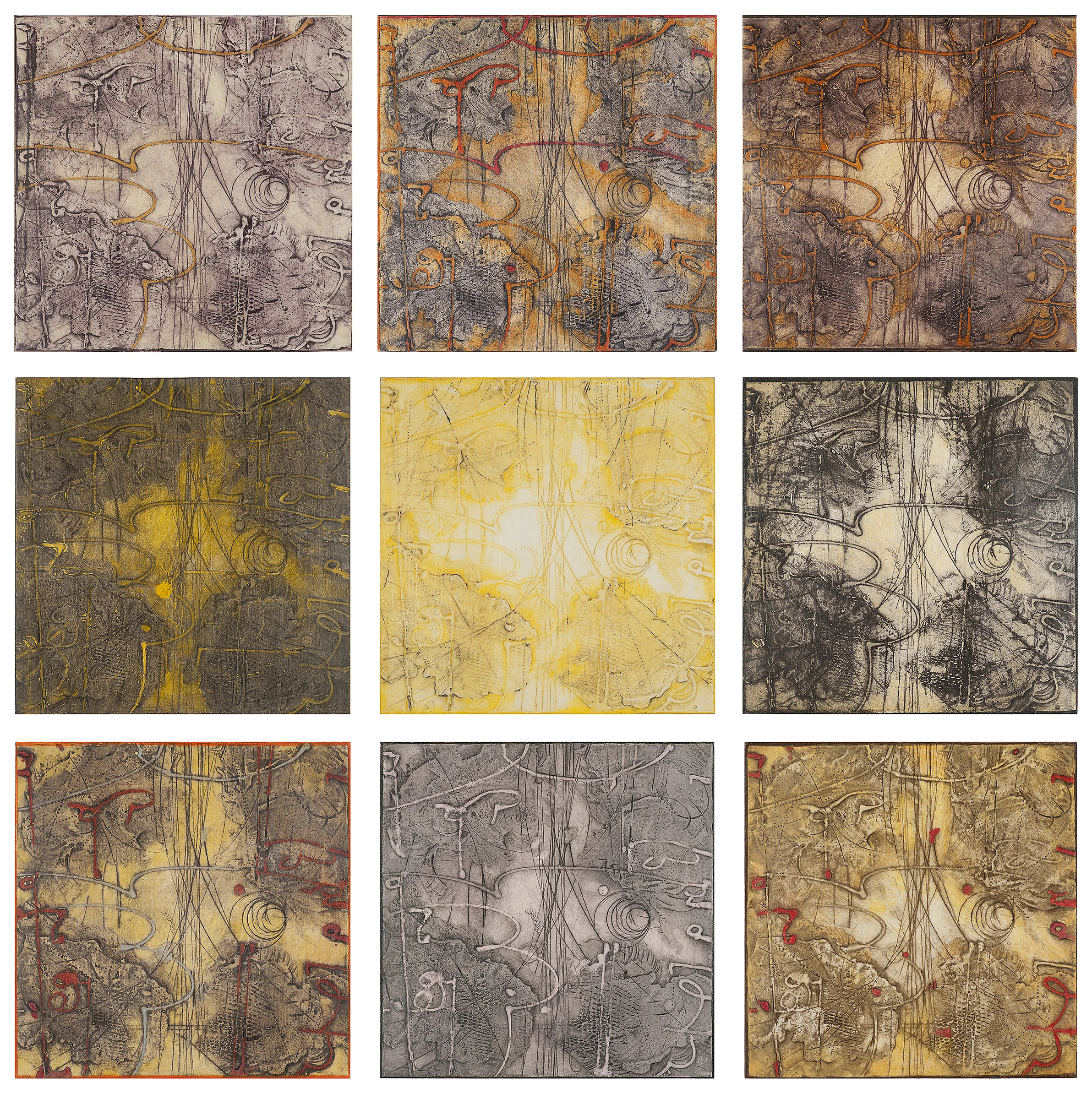 Sigma-Self Energy 1-9, 2016 mounted encaustic collagraph monoprrints with color pencil each 10 x 10 inches