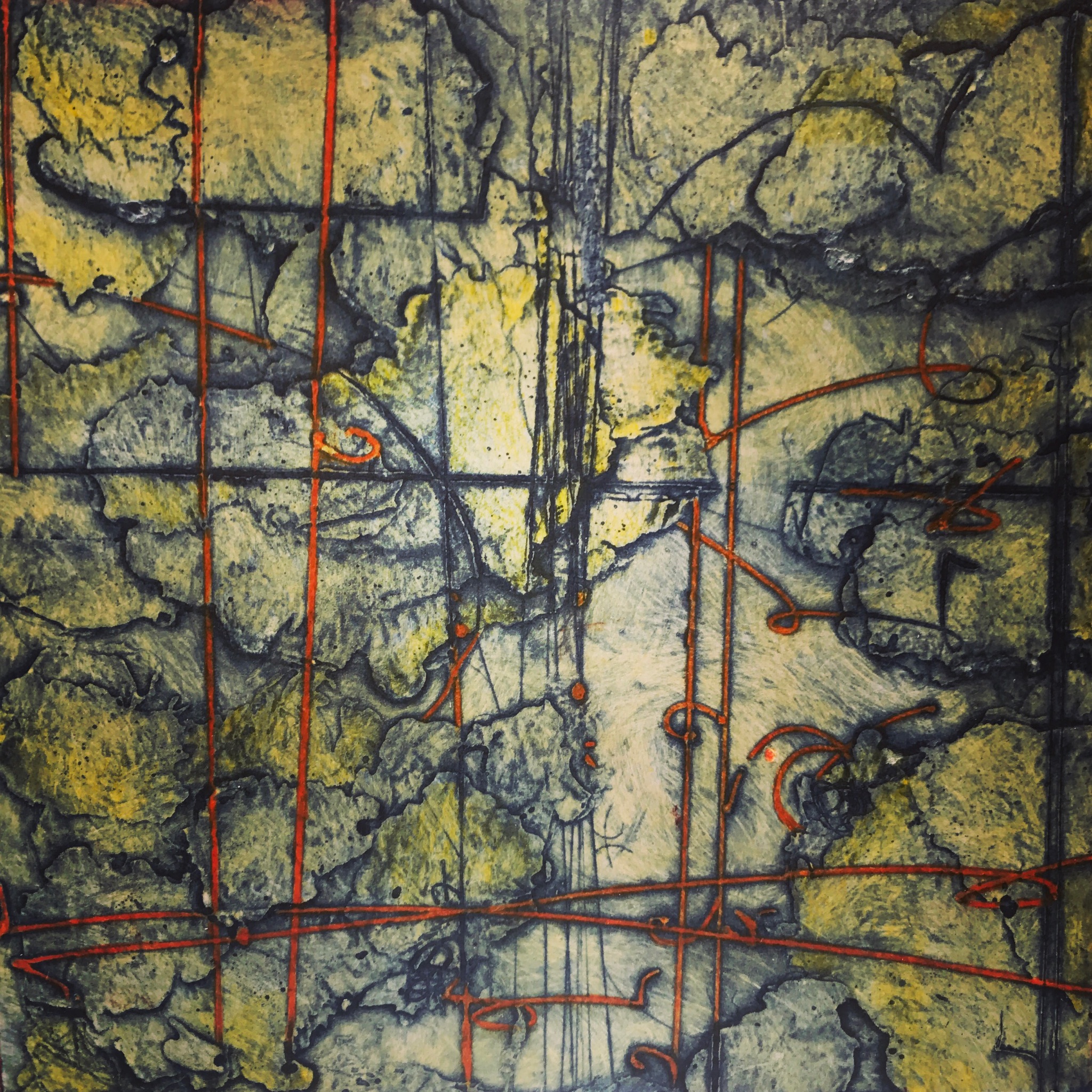 Cloud Chart 2, encaustic collagraph monoprint, Cretacolor and medium mounted on board 10 x 10 inches. Available at Available at Butters Gallery, Portland 