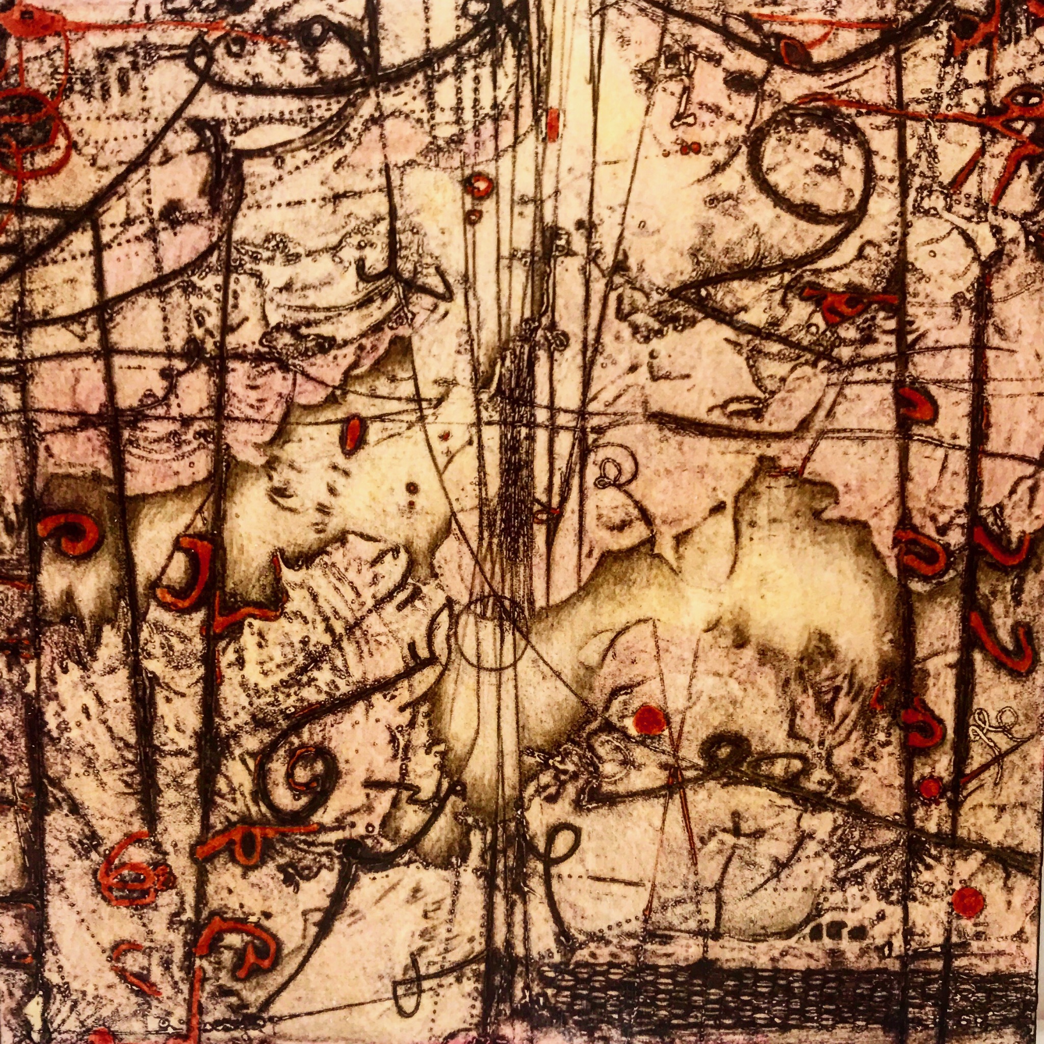 Subterranea, encaustic collagraph monoprint, Cretacolor and medium mounted on board 11 x 11 inches. Available at Available at Butters Gallery, Portland 