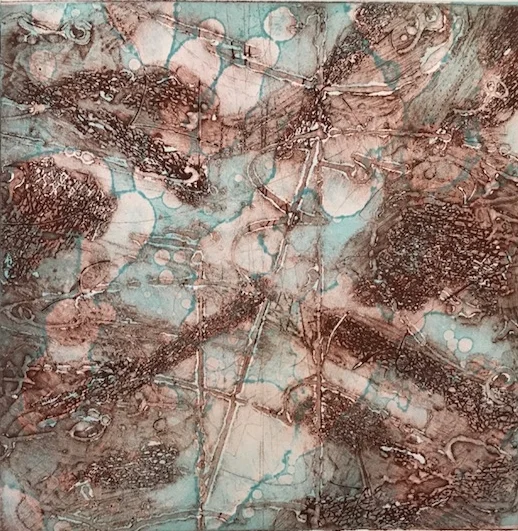 Terra Warming 3 , encaustic collagraph monoprint 10 x 10 inches. Studio Inventory, Portland, OR