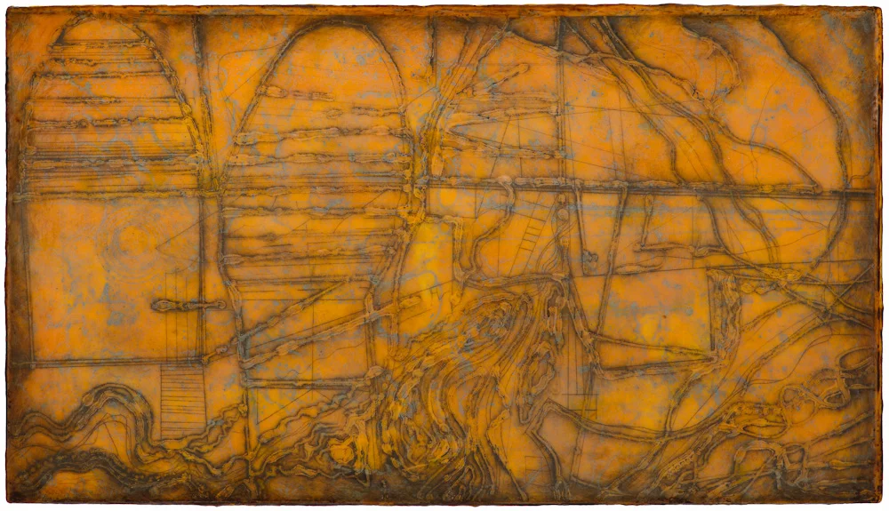 Mined Earth 2. collagraph monoprint, encaustic and oil on panel 12 x 22 inches SOLD
