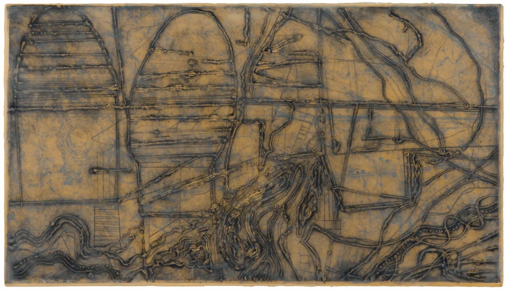 Mined Earth 6. collagraph monoprint, encuastic and oil on panel 12 x 22 inches Inquire for price