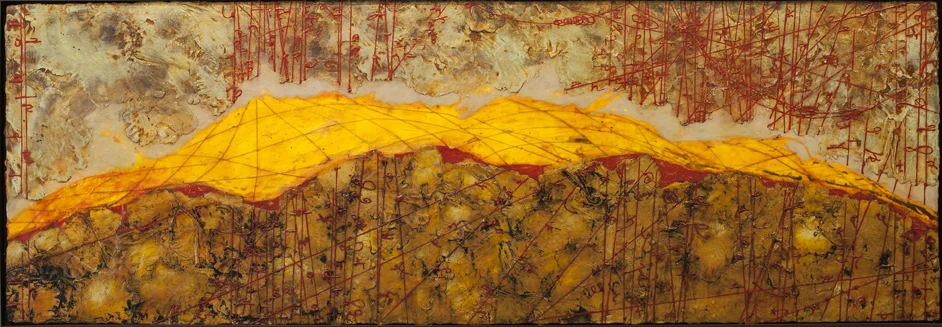 Absolute Horizon II, encaustic and oil on panel, 24" x 70". This painting of mine froze in transit to a client in Washington D.C. during the 2014 arctic blast. It took me 40 hours to fix this piece. This image is of the restored painting that froze while shipping to D.C., the client unfortunately did not want the painting back. Luckily, the initally tragic story of this painting had a very happy ending when it sold soon after through my Seattle gallery to a chemical engineer in Midland, TX.