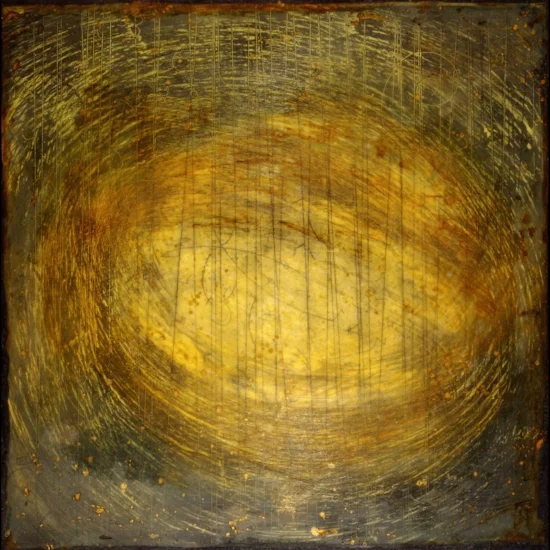 Particle Vortex Study, 2010 monoprint, encaustic and oil on panel 24 x 24 inches Private Collection