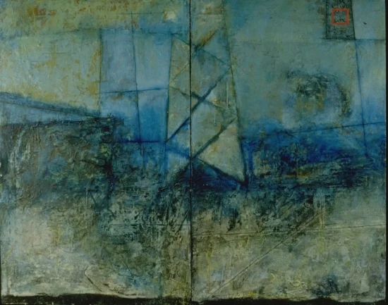 Remote Reference, 1996 encaustic, oil and collage on panel Private Collection Portland