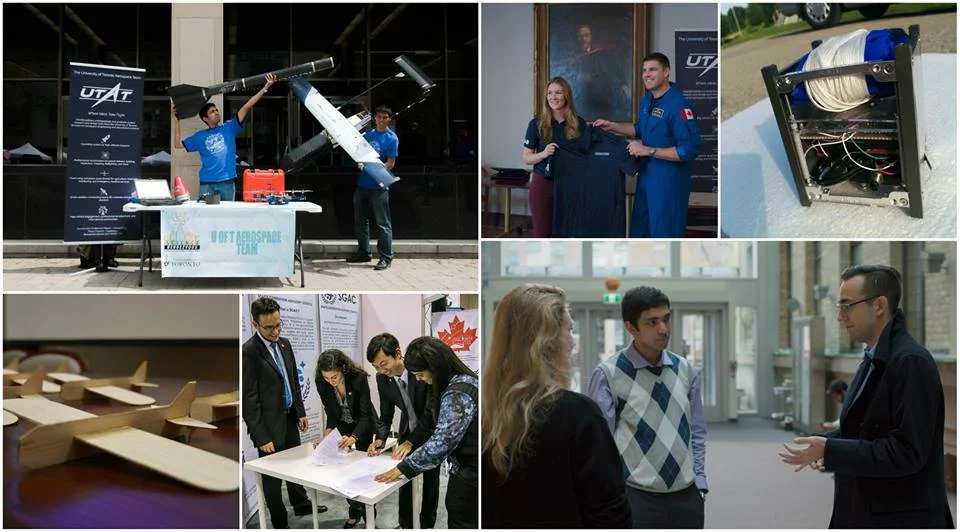Figure 1: From top-left CW: UTAT at Science Rendezvous 2016, UTAT gives official team polo to Canadian astronaut Jeremy Hansen in 2016, weather-sensing satellite developed by high school students as part of the 2015 Aerospace Research Challenge, attendees at the 2016 TSAA conference, signing a memorandum of understanding with the UN-SGAC, balsa gliders used in a flight dynamics workshop.