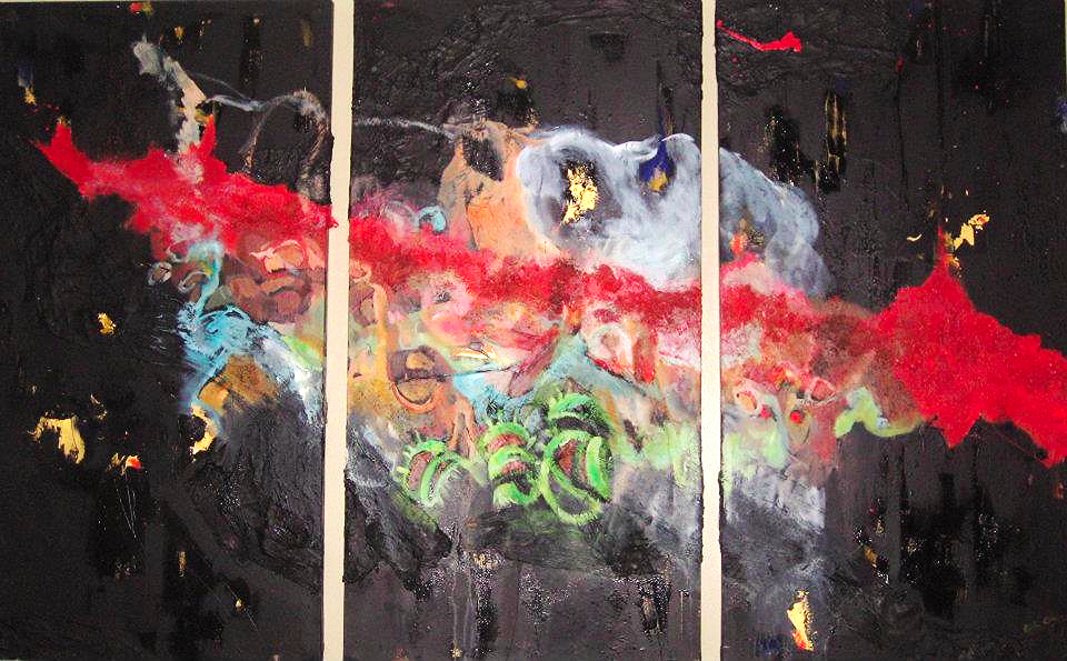 Tryptic: Burgers &amp; Venus Fly Traps, mixed media; oil, acrylic, gauge, plastic, &amp; sand on canvas, 30 in x 55 in, 2012 SOLD