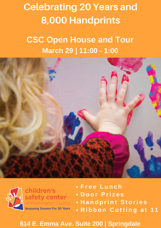 children's safety center, free lunch, door prizes, handprint stories, ribbon cutting, 