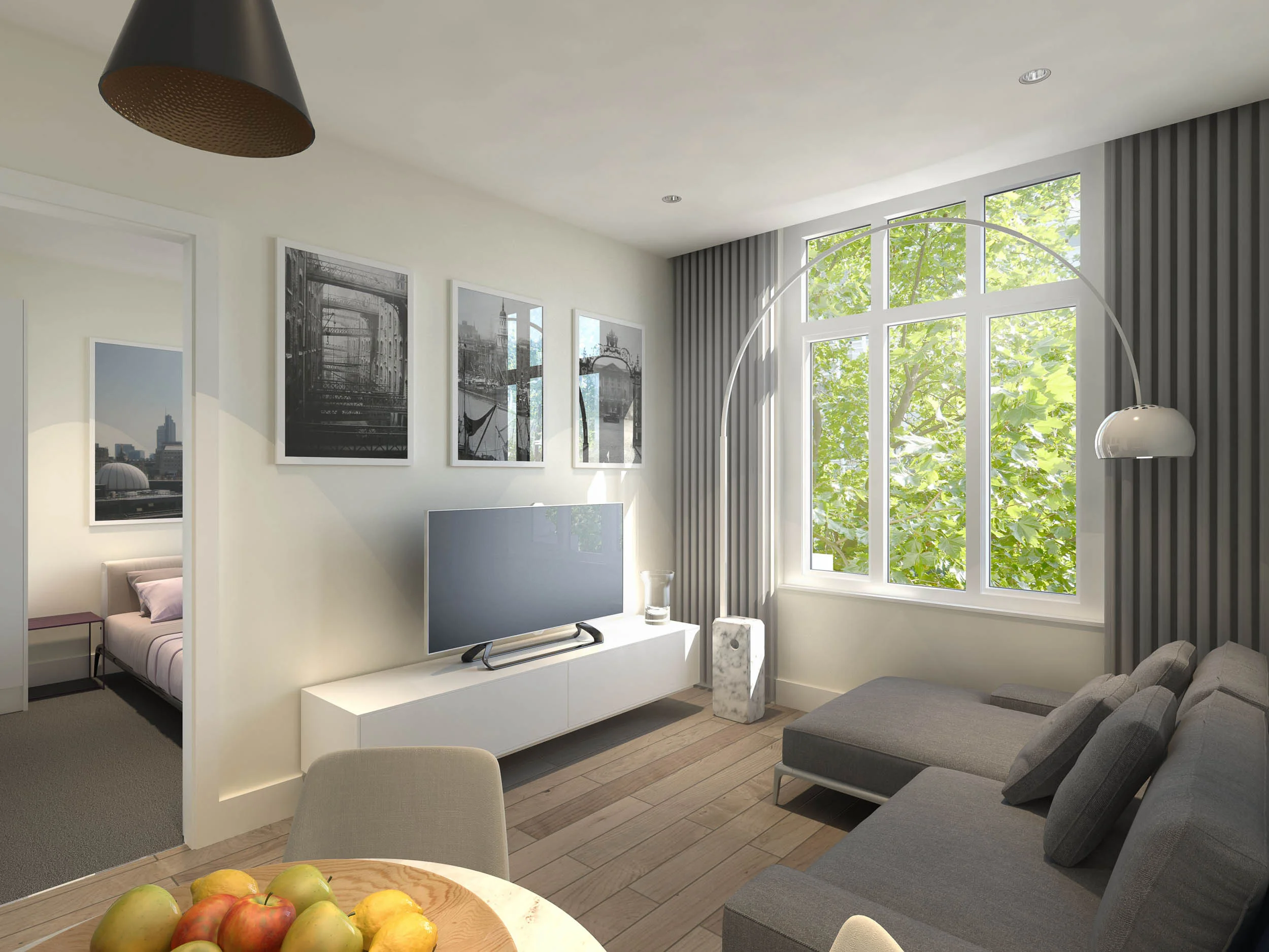 CGI of the living space in the central london apartment of Pricnes House