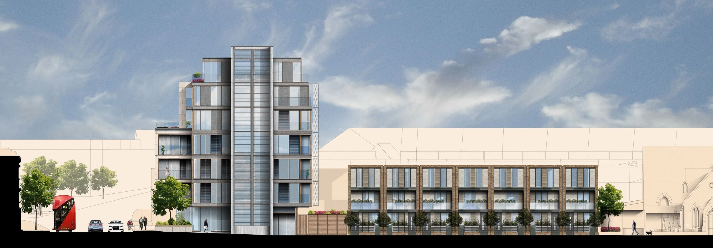 The western elevation to the scheme. Modern apartments and contemporary townhouses. All the apartmetns have private balconies and the tonwhouses all have private gardnes.