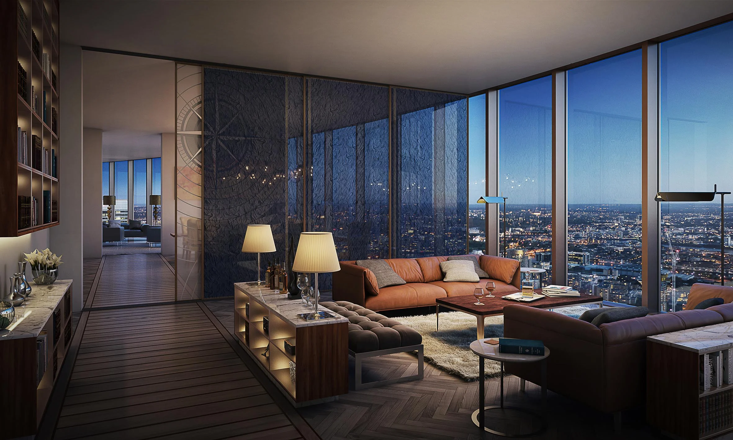 The club lounge for the residents of the tower. This room has incredible views of Canary Wharf and provides the ultimate space for relaxation.