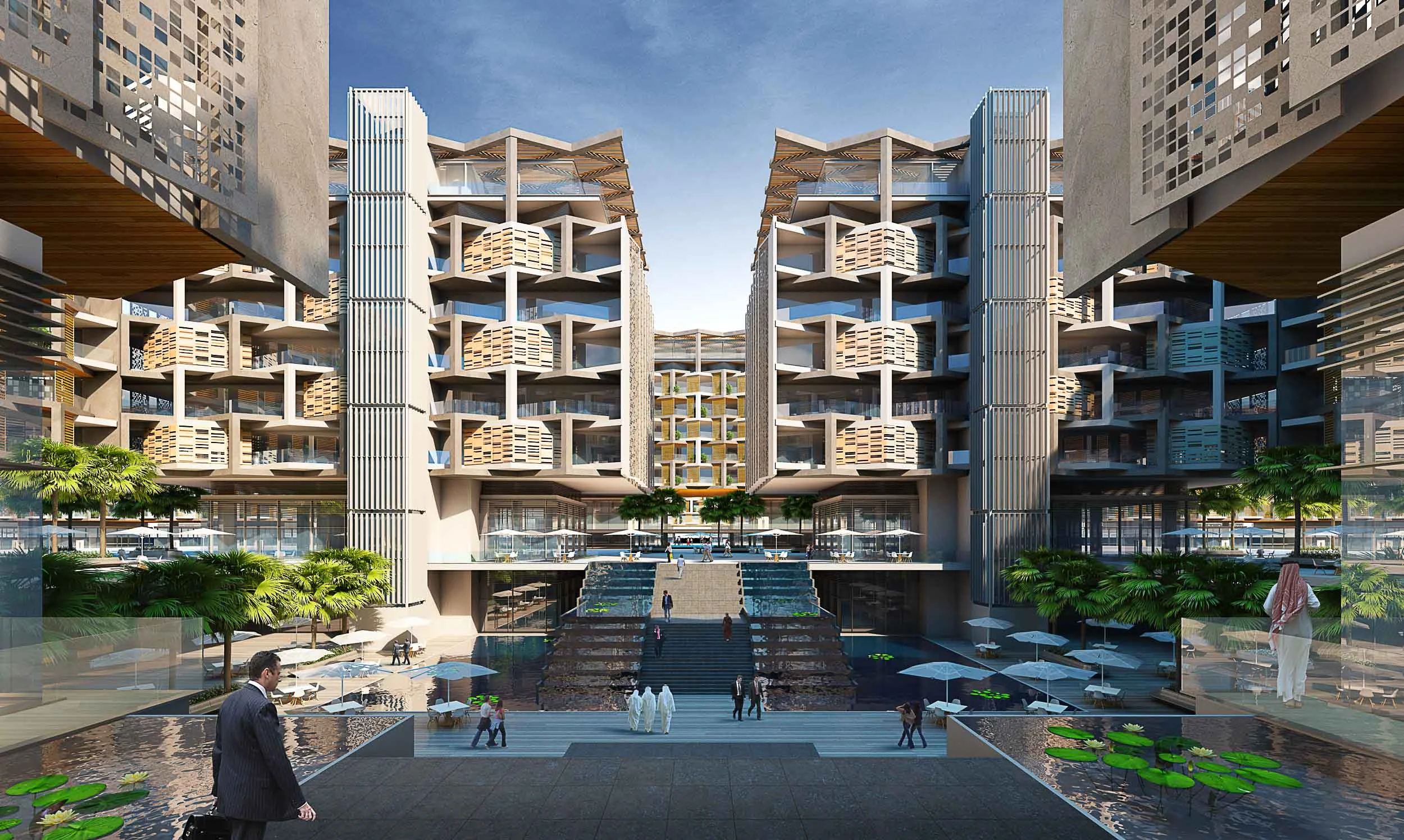 The urban oasis. Shaded courtyards form the heart of the fare inspired buildings creating relaxing gardens for local residents. Modern architecture, middle eastern vernacular design. 