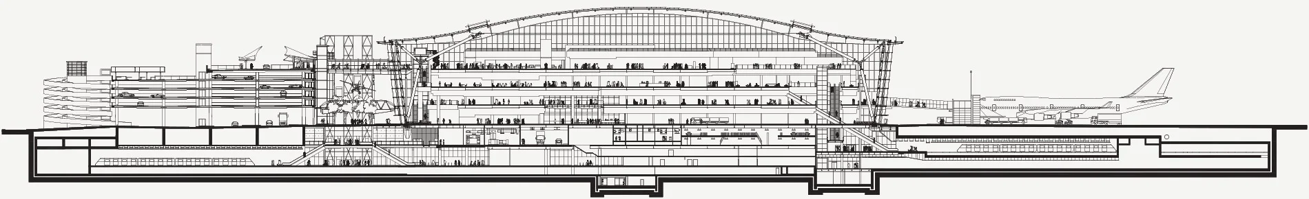 Architect's section of Terminal 5. The car park entrance courtyards, arrivals and departues and office space, the aircraft bays, transit system and tube station for the Piccadilly Line and Heathrow Express are all shown this drawing 