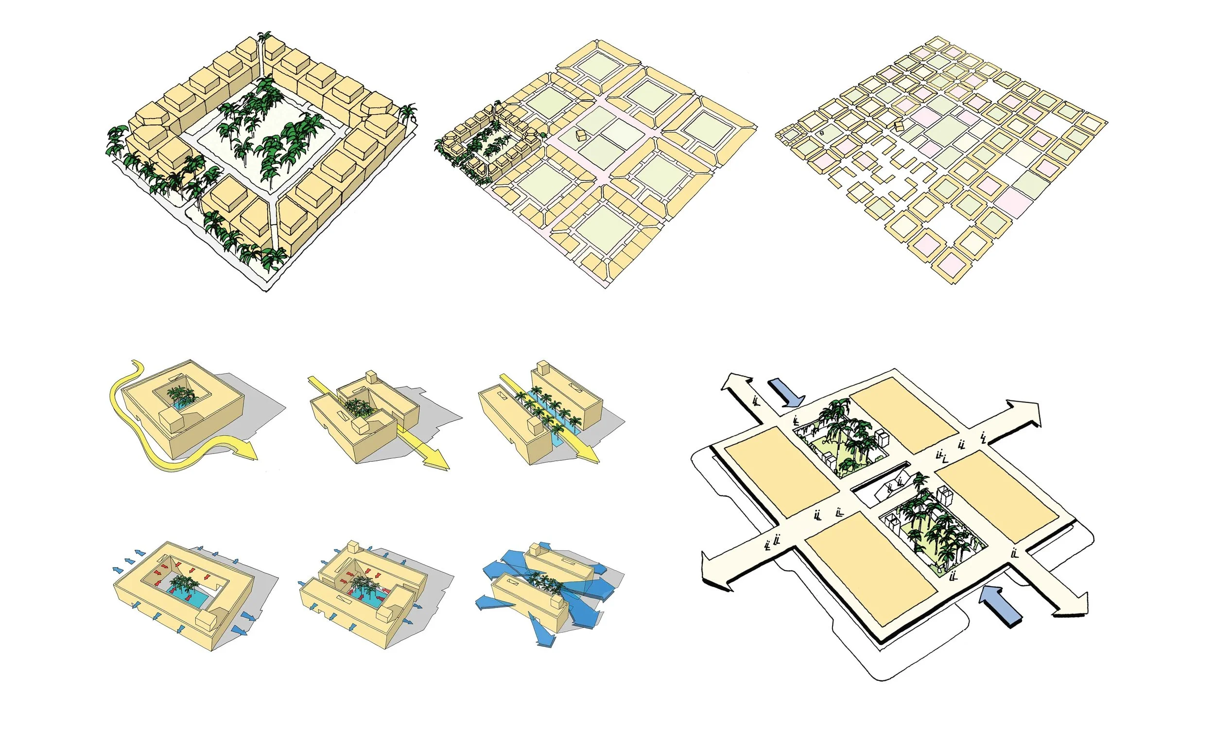 Diagrams demonstrating the Fareej inspired buildings for the concept for the masterplan.