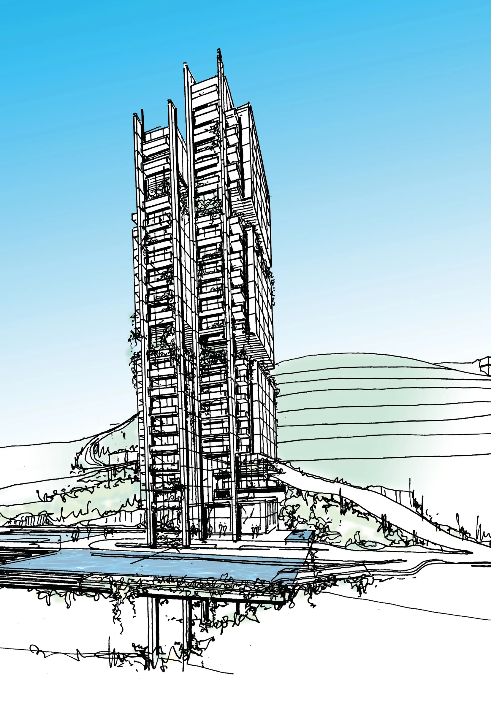 The swimming pool cantilevers out over the edge of The Peak in Hong Kong. Stuart Forbes Associates Skyscraper