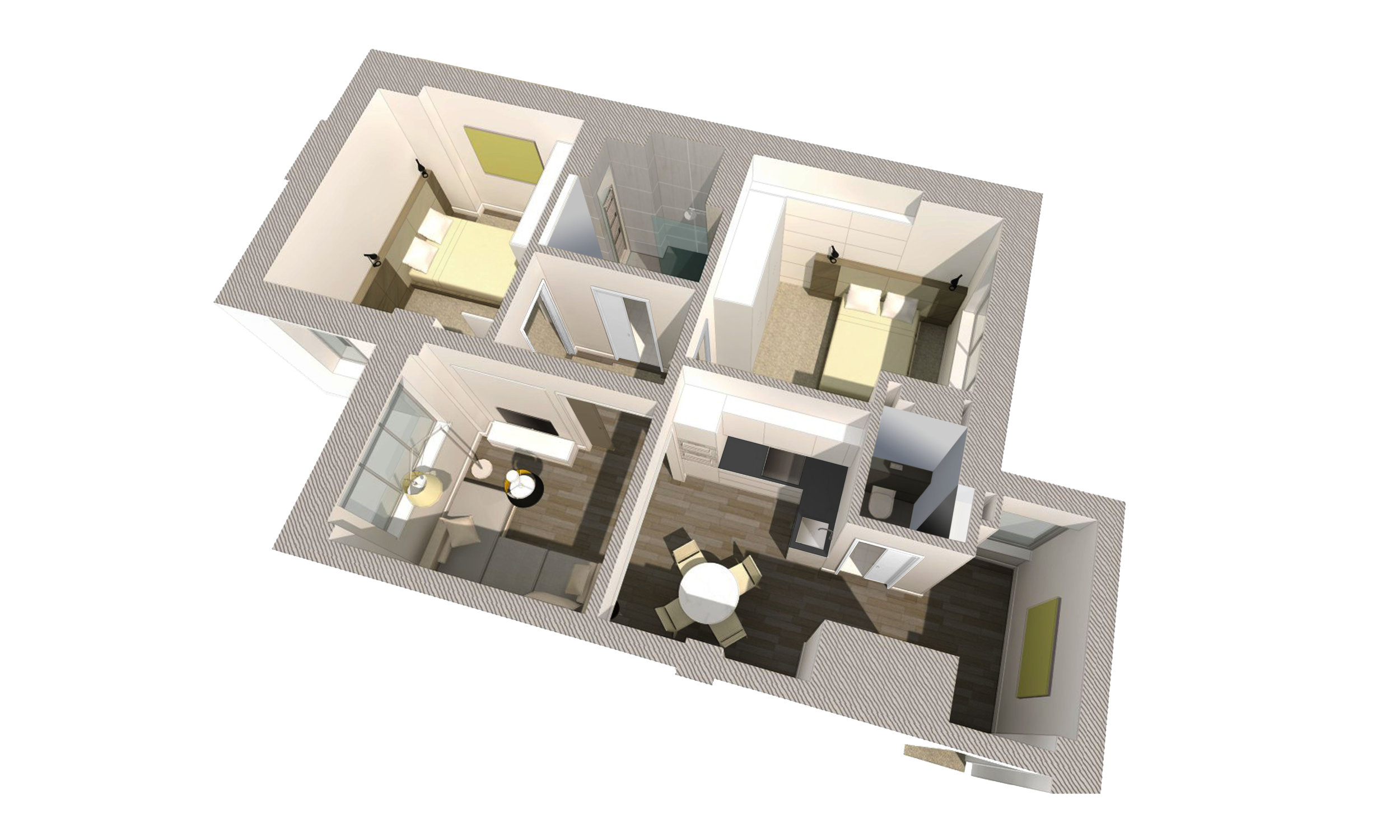 3D model of the 2 bedroom apartment. The main living space is combined with the kitcen to create a large open plan living environemnt. 