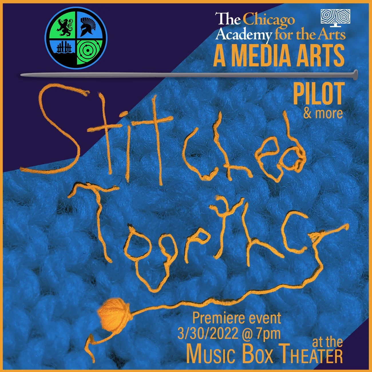 Poster for event "Stitched Together." Text spelled out in yellow yarn over blue knitted background.